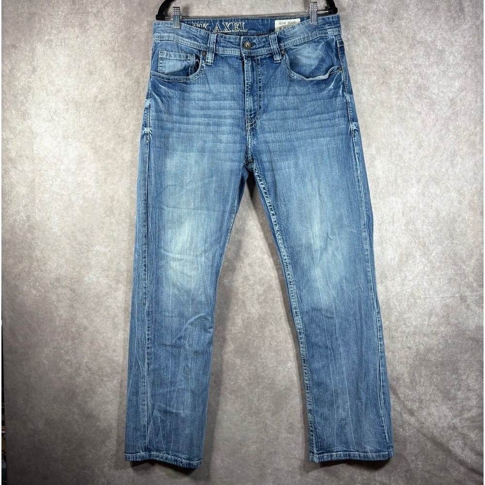 TK Axel Jeans Mens 36x32 Blue Slim Boot Denim Flap Pocket Distressed Casual